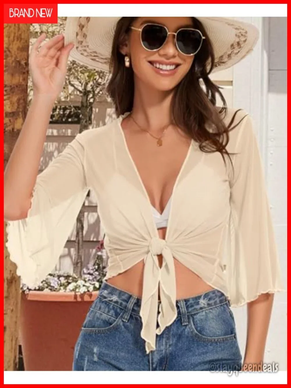 Women's Sheer Mesh Bolero Shrug Tie Front 3/4 Sleeve Cardigan Jacket